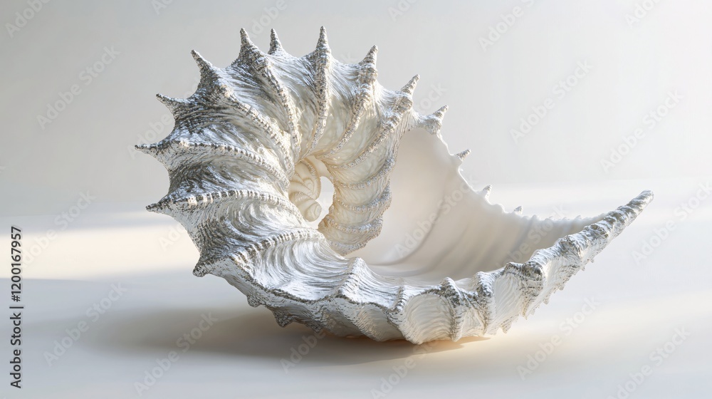 Obraz premium A beautifully detailed white seashell with intricate textures and natural spirals, set against a soft, light background.