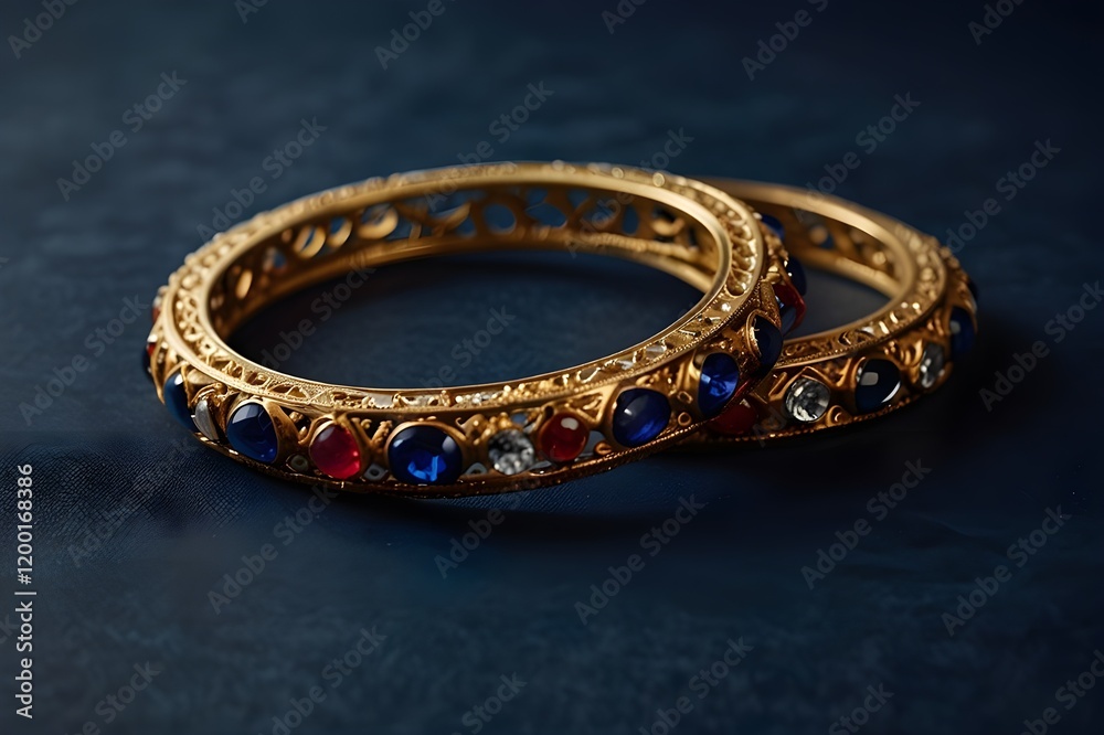 Golden bangles adorned with vibrant red and blue gemstones, displayed on a dark blue background, representing traditional elegance.
Golden bangles adorned with vibrant red and blue gemstones, displayed on a dark blue background, representing traditional elegance.