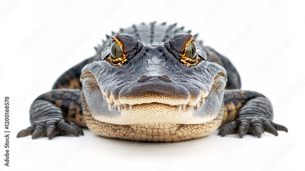 Fototapeta premium A close-up of an alligator with striking golden eyes and a menacing grin, showcasing fine skin details against a white background.