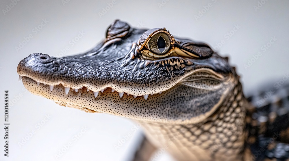 Fototapeta premium Close-up of a young, intricately patterned alligator showcasing its sharp teeth and vibrant eyes.