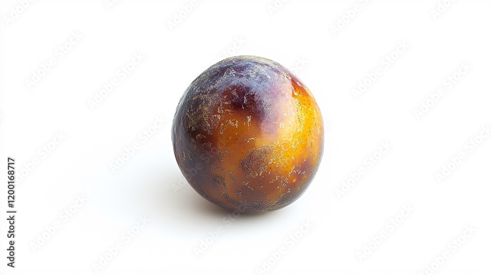 Fototapeta premium A vibrant, ripe plum with a glossy skin showcasing a rich blend of purple and yellow hues on a white background.