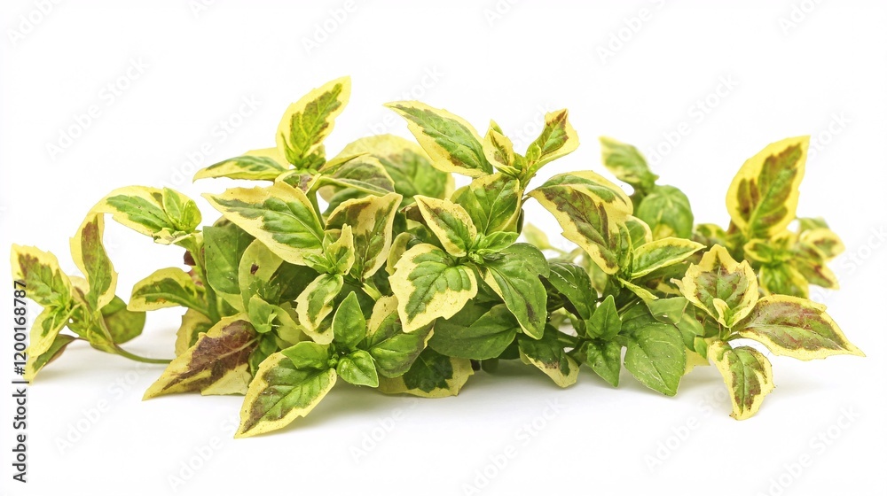 A vibrant arrangement of green and variegated basil leaves against a clean white background, showcasing freshness and vitality. A vibrant arrangement of green and variegated basil leaves against a clean white background, showcasing freshness and vitality.