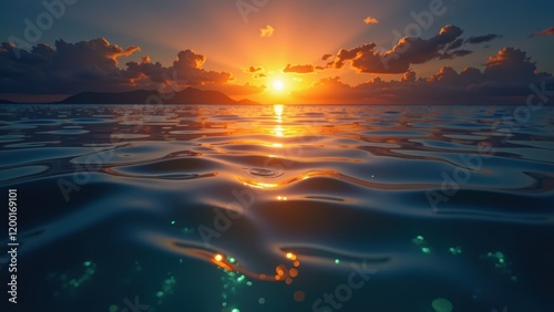 Glowing sunset at eye level, reflecting off tranquil waters. Deep blue sky transitions into fiery orange and yellow, casting a warm glow across the serene scene photo