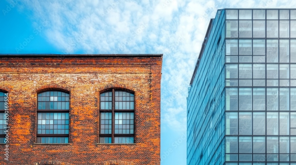 Fototapeta premium An old brick factory building standing next to a cutting-edge steel and glass skyscraper, showcasing the striking contrast between industrial age and modern architectural styles.