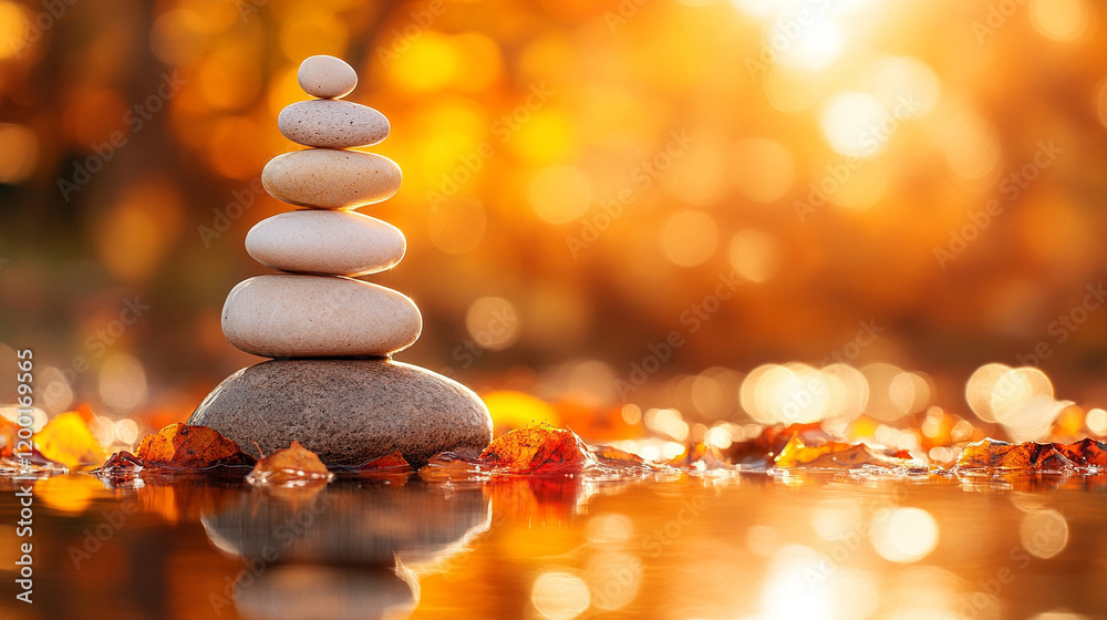 Obraz premium A small pebble stack balanced on a leaf floating on tranquil water modern blurred empty caption space on the side representing balance harmony and calmness in chaos minimal serene natural concept