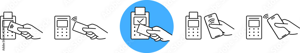 Set of wireless payment technology NFC linear icons. Contactless payment symbols. NFC contactless payment sign. NFC payment using smartphone or credit card icons. Set of wireless payment technology NFC linear icons. Contactless payment symbols. NFC contactless payment sign. NFC payment using smartphone or credit card icons.