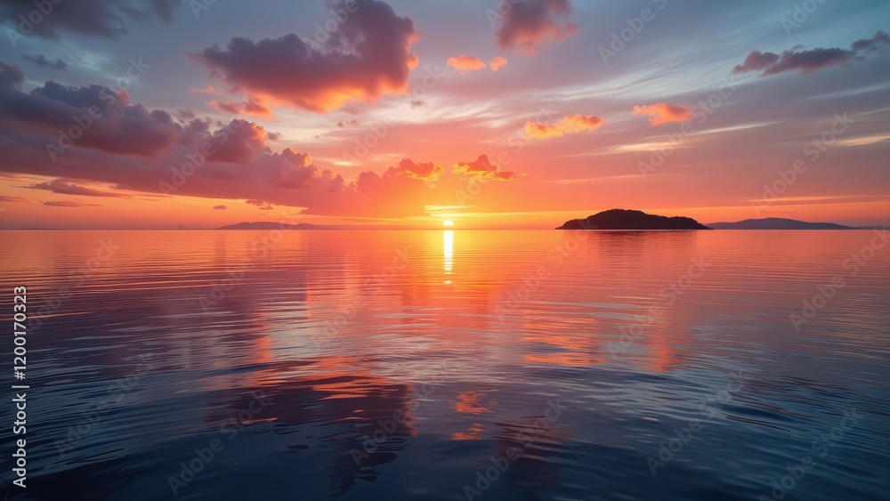 Dazzling sunset graces the tranquil waters with hues of blues, oranges, and pinks as the sun kisses the horizon, mirrored on the serene surface below Dazzling sunset graces the tranquil waters with hues of blues, oranges, and pinks as the sun kisses the horizon, mirrored on the serene surface below