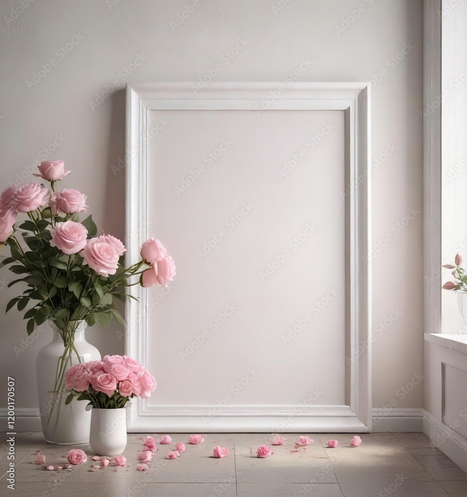 Fototapeta premium White frame leaning against wall near vase of pink roses, pink roses, picture frame, decorative