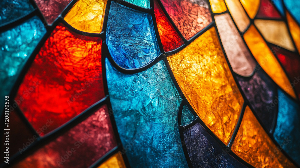 Fototapeta premium Stained glass art window with vibrant geometric patterns glittering particles crystal scripture modern blurred background empty caption space symbolic of spiritual beauty and creativity