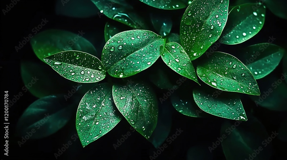 Obraz premium Close-up of green leaves with water droplets, symbolizing nature's beauty and tranquility.