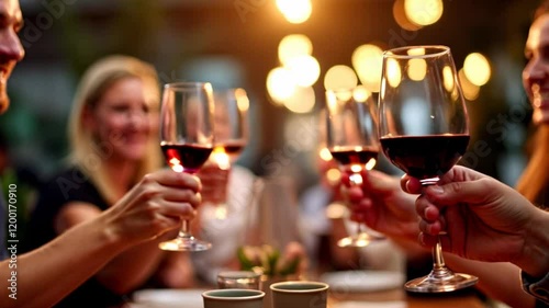 Friends raise a toast with red wine during a cheerful outdoor dinner party