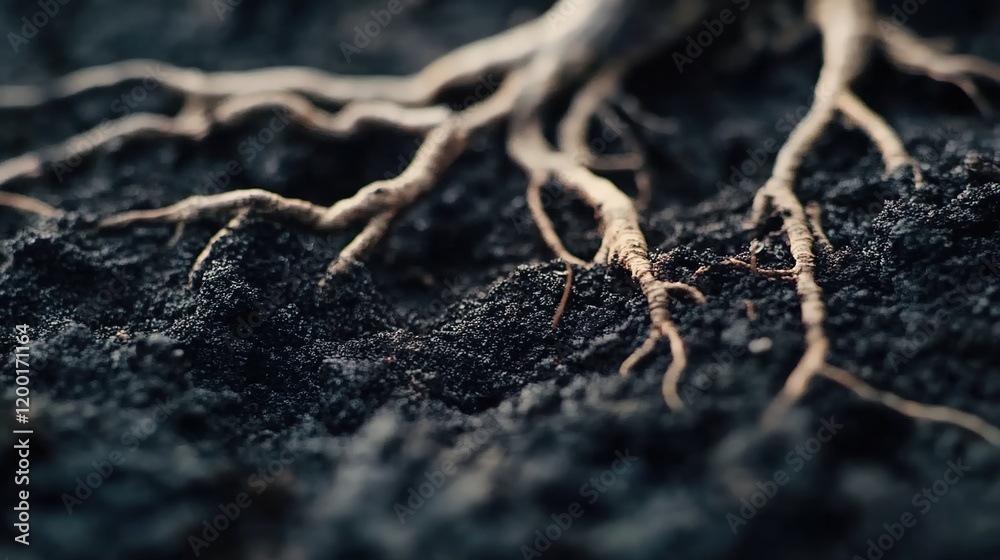 Close-up of roots in the soil, macro photography, black background Close-up of roots in the soil, macro photography, black background