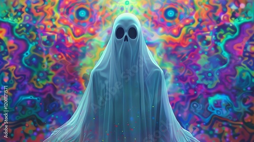 A ghostly specter haunting an array of psychedelic patterns.