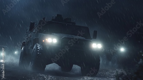 A tactical vehicle convoy moving under night vision in a dark and stormy environment, photo