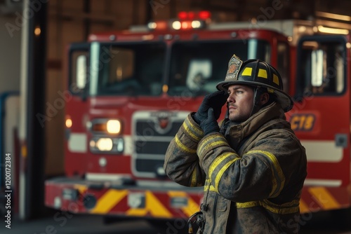 a firefighter talking on a cell phone in front of a fire truck