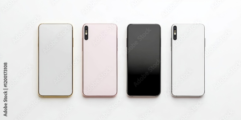 Set of four smartphones gold, rose, silver and black - blank screen and isolated on white background, high resolution. Template, mockup., Generative AI Set of four smartphones gold, rose, silver and black - blank screen and isolated on white background, high resolution. Template, mockup., Generative AI
