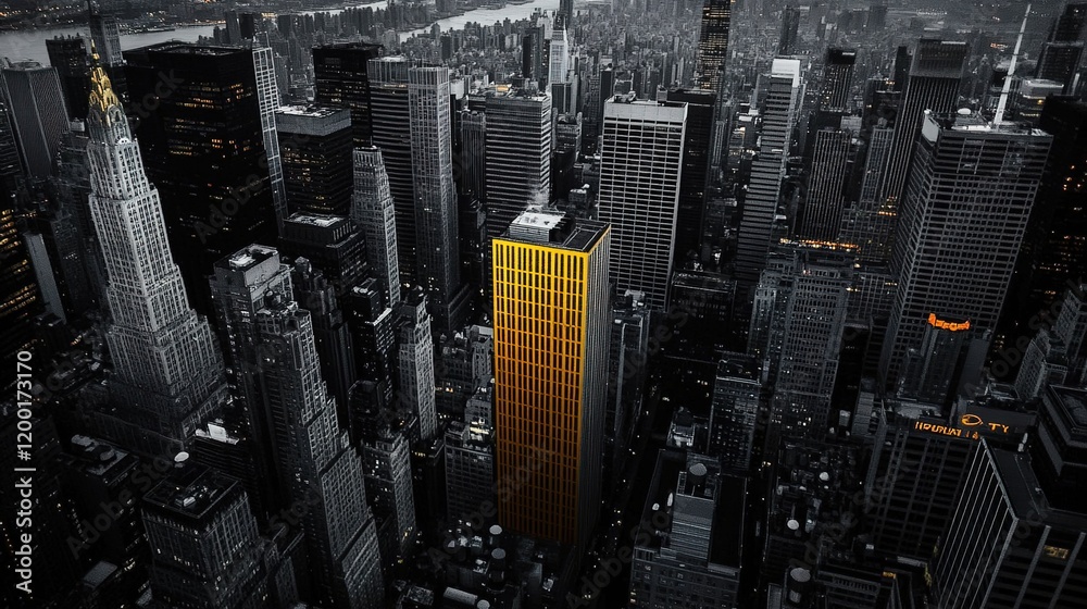 Obraz premium A black-and-white photograph of the cityscape of New York, with skyscrapers illuminated by yellow lights in some places.