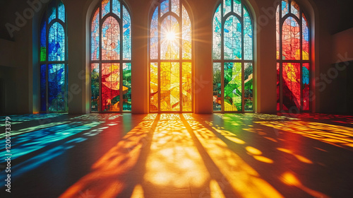 Stained glass art window with vibrant geometric patterns glittering particles crystal scripture modern blurred background empty caption space symbolic of spiritual beauty and creativity

