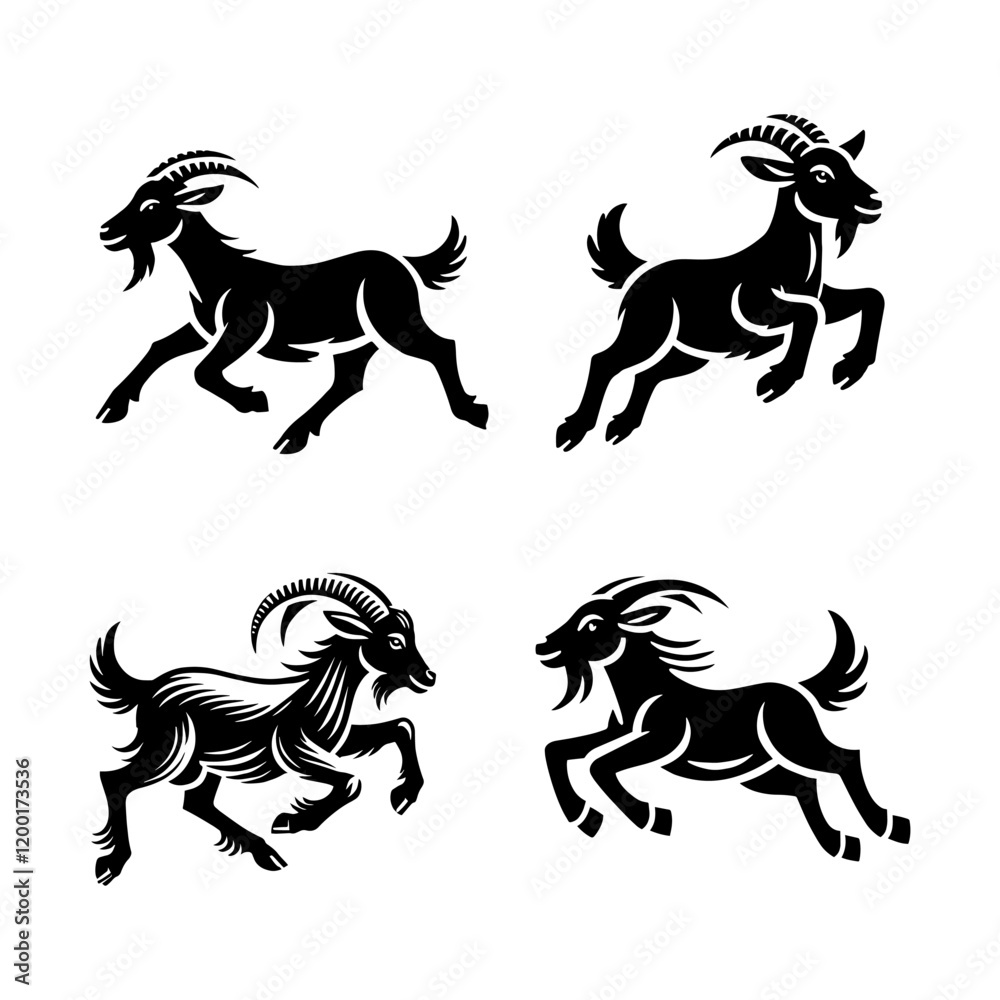 Running Goat Silhouette Vector Set - Black and White Illustration Running Goat Silhouette Vector Set - Black and White Illustration