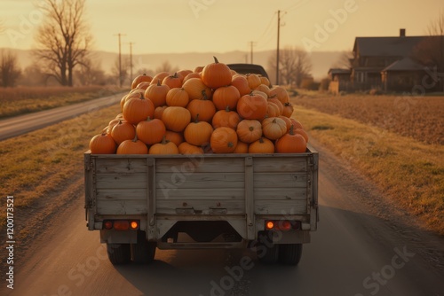 a truck is driving down a country road with a load of pumpkins photo