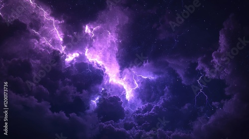 Flashes of lightning and rumbles of thunder in the night sky, with purple clouds as the backdrop.