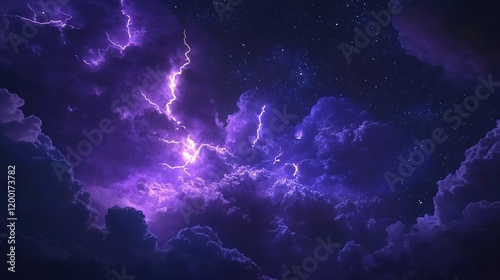 Flashes of lightning and rumbles of thunder in the night sky, with purple clouds as the backdrop.