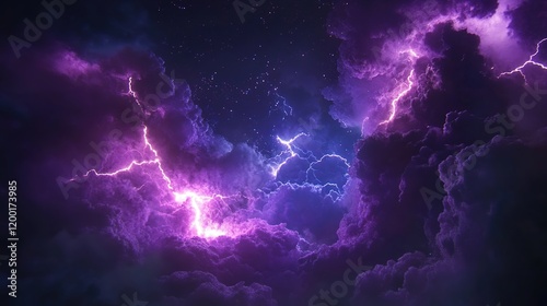 Flashes of lightning and rumbles of thunder in the night sky, with purple clouds as the backdrop.