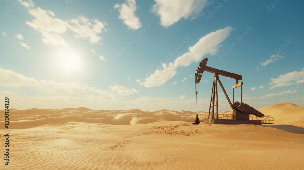 Naklejka premium Oil well operating in a vast desert landscape under a bright blue sky and warm sunlight. Generative AI