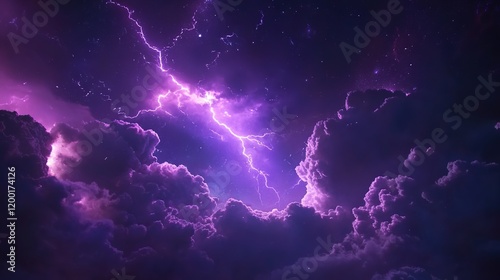 Flashes of lightning and rumbles of thunder in the night sky, with purple clouds as the backdrop.