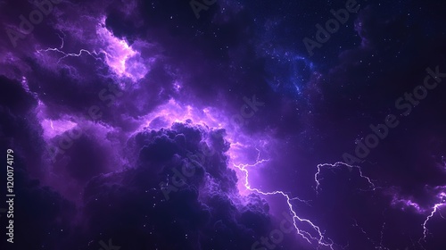 Flashes of lightning and rumbles of thunder in the night sky, with purple clouds as the backdrop.