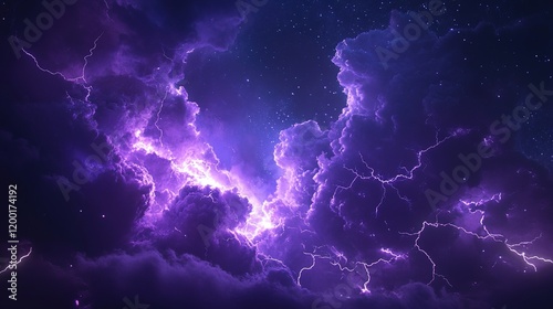Flashes of lightning and rumbles of thunder in the night sky, with purple clouds as the backdrop.