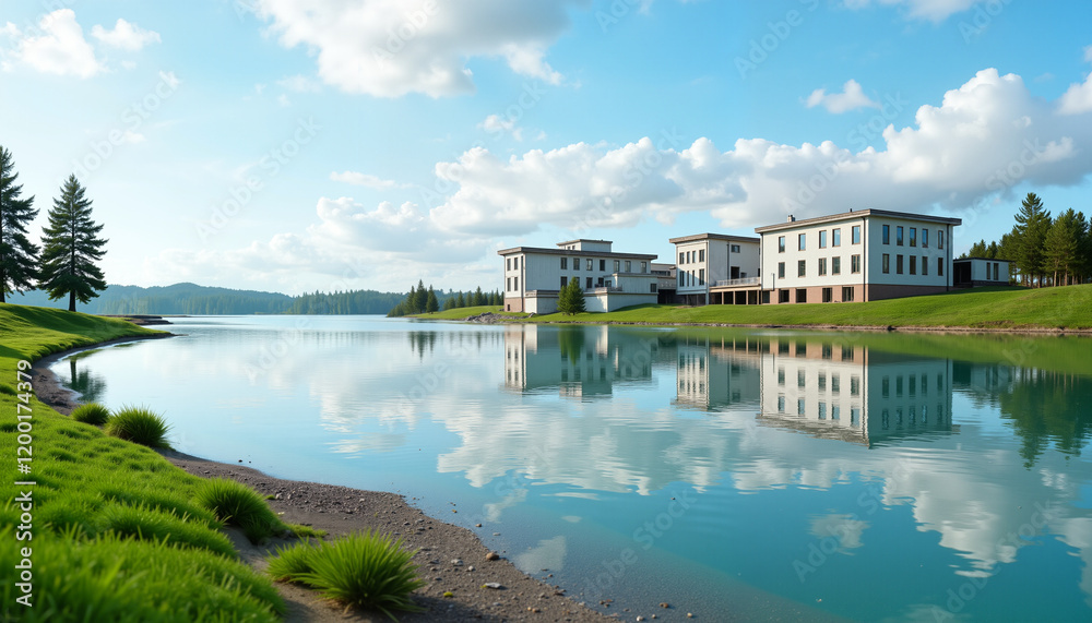Obraz premium Modern water treatment plant by serene riverbank, eco-friendly architecture