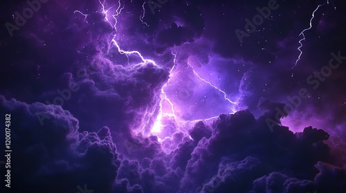 Flashes of lightning and rumbles of thunder in the night sky, with purple clouds as the backdrop.
