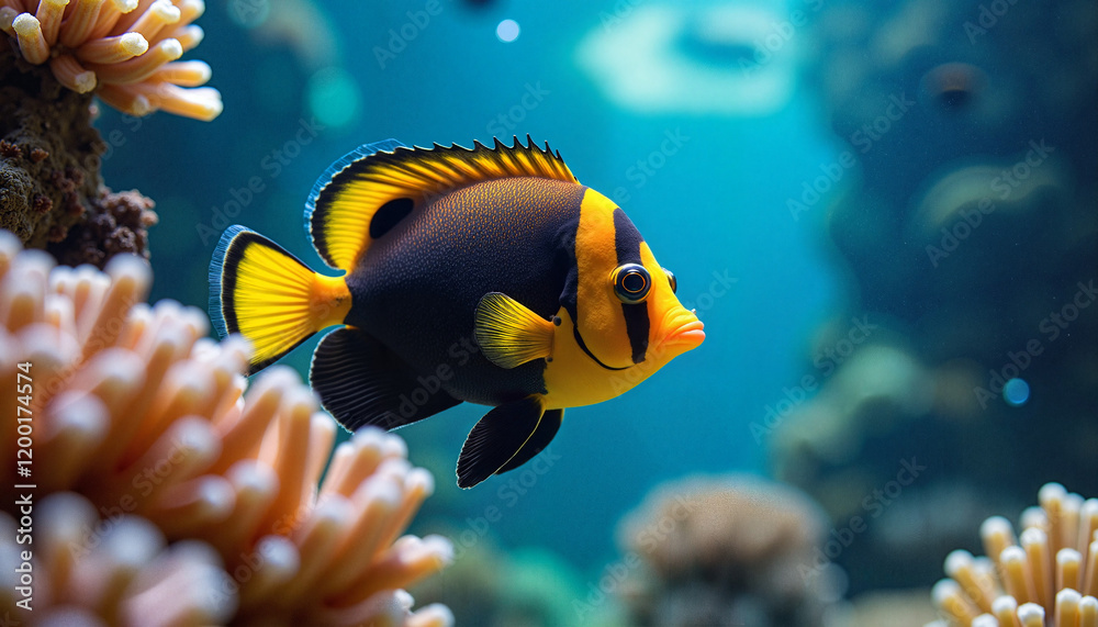 Fototapeta premium Ornate Moorish idol fish swimming among colorful corals, marine beauty