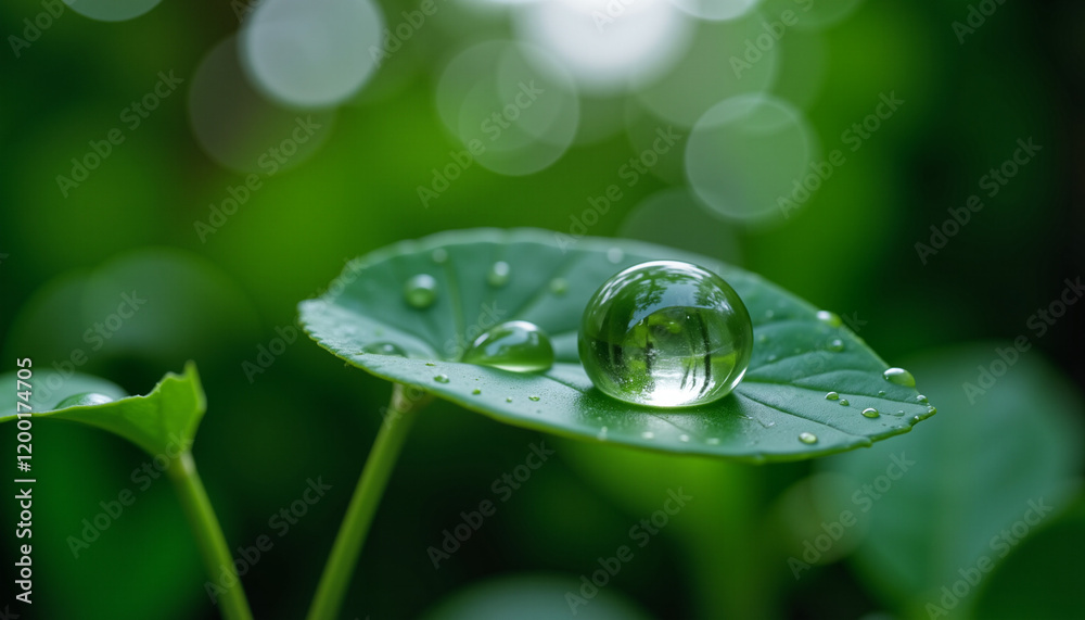 Raindrop reflection on leaf in ethereal light, nature's beauty Raindrop reflection on leaf in ethereal light, nature's beauty
