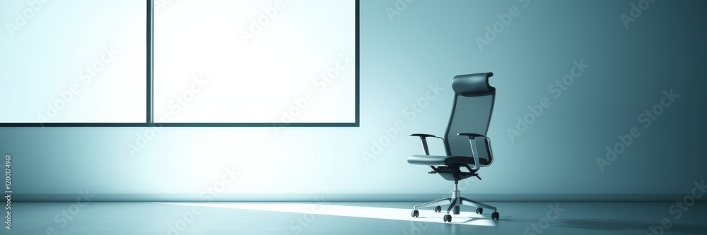 Empty office chair in a minimalistic space illuminated by soft light conveying a sense of calm and quietude highlighting contemplation and solitude near a large window Empty office chair in a minimalistic space illuminated by soft light conveying a sense of calm and quietude highlighting contemplation and solitude near a large window