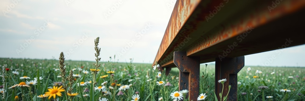 Fototapeta premium Rusty rail on vibrant wildflower field under cloudy sky evoking tranquility, representing freedom and nature's beauty surrounded by lush greenery and various blossoms