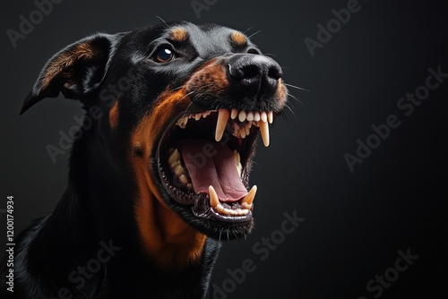 Angry doberman, with cropped ears, looking at the camera on a black background