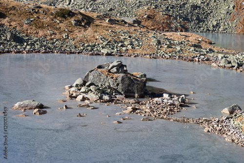 High Tatras - Slovakia - The detail of Zabie pleso lake in autumn moorning. photo