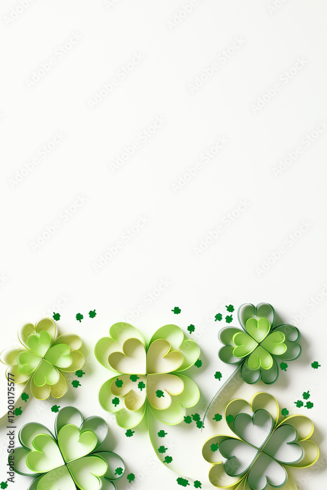 Happy St Patrick's Day vertical banner design, poster template. Green paper cut clover leaves with confetti on white background Happy St Patrick's Day vertical banner design, poster template. Green paper cut clover leaves with confetti on white background