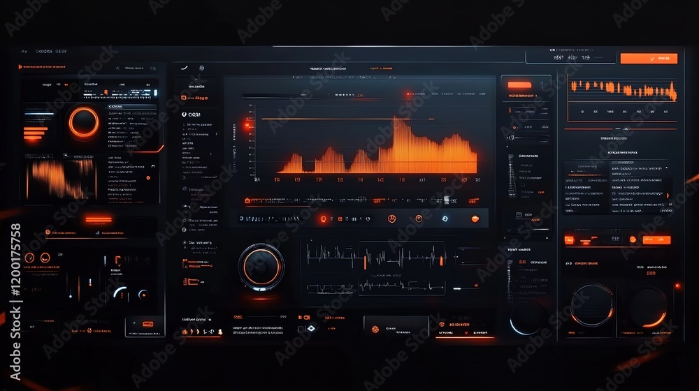 A dark, music production software UI design with numerous buttons and graphs A dark, music production software UI design with numerous buttons and graphs