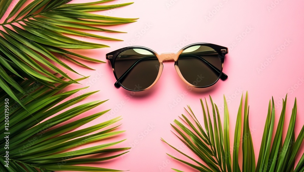 Sunny vibes with stylish sunglasses resting on a pink surface surrounded by vibrant green palm leaves during summer Sunny vibes with stylish sunglasses resting on a pink surface surrounded by vibrant green palm leaves during summer