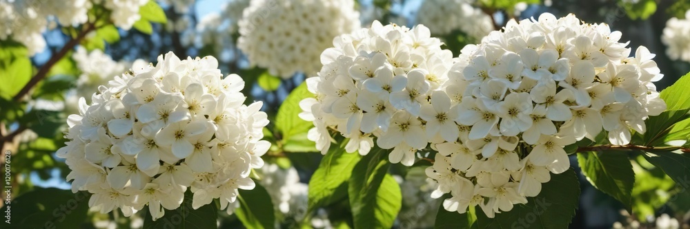 White viburnum blossoms shining under the sunlight, sunshine, vibrant, sunny weather