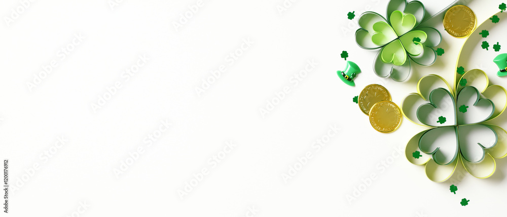 Green four leaf clover and gold coins isolated on white. St Patrick's Day banner design Green four leaf clover and gold coins isolated on white. St Patrick's Day banner design