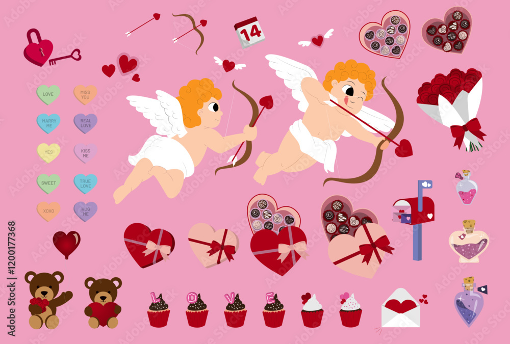 valentine vector illustration, set, roses, mailbox, card, love, cupid, baby cupid, hearts, chocolates, elements