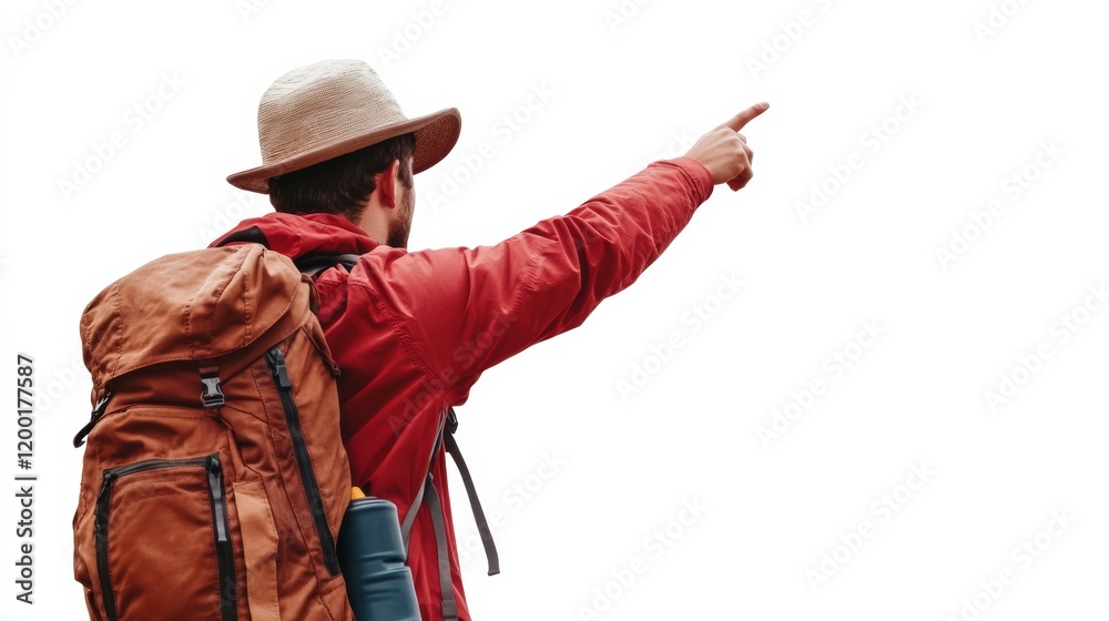 A tourist pointing towards their destination, wearing sporty attire, isolated on a seamless white background, A tourist pointing towards their destination, wearing sporty attire, isolated on a seamless white background,