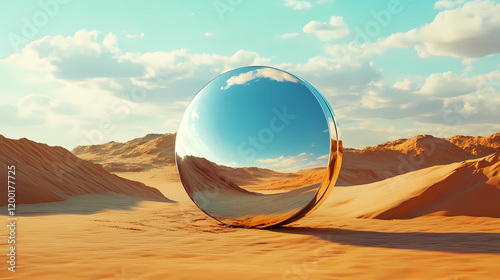 Large mirror at sand desert photorealistic scenes orientalist landscapes geometric surrealism abstract surreal concept 3d illustration. Surreal Desert Mirage. Illustration
