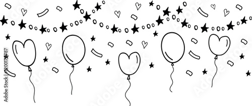 Doodle garland with stars, balloons, hearts and serpentine on transparent background. Party, birthday decoration. 