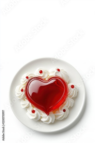 White dessert plate with berry red heart of jello. White whipped cream dollops around the Valentine jello of love. Isolated on white background.
