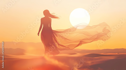 Transparent phantom of a woman in the desert against sunset background. Surreal Desert Mirage. Illustration photo